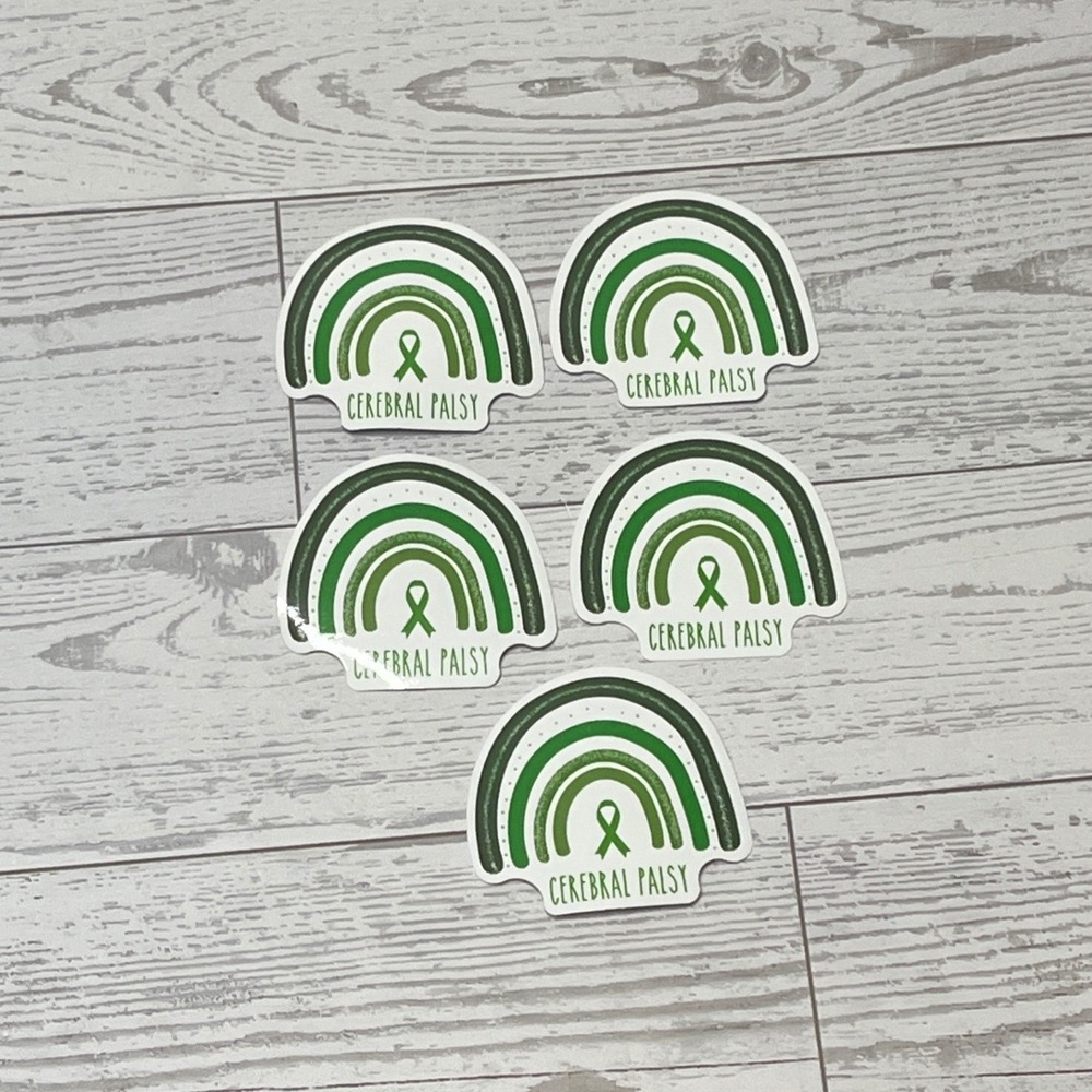 Cerebral Palsy Awareness Green Rainbow Ribbon Stickers 5 Pack